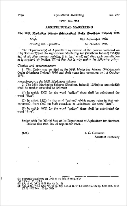 The Milk Marketing Scheme (Metrication) Order (Northern Ireland) 1976