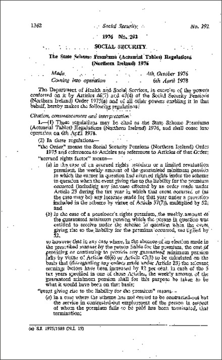 The State Scheme Premiums (Actuarial Tables) Regulations (Northern Ireland) 1976