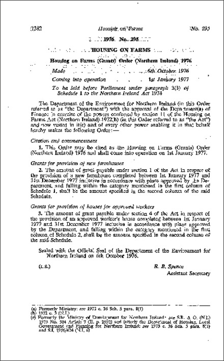 The Housing on Farms (Grants) Order (Northern Ireland) 1976