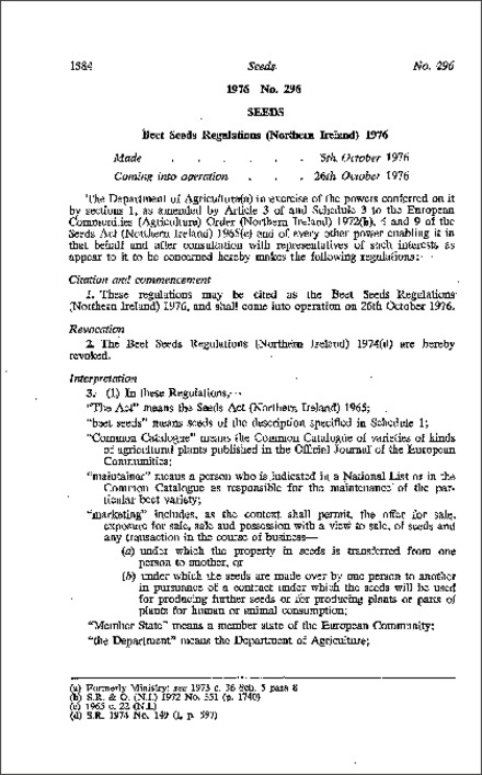The Beet Seeds Regulations (Northern Ireland) 1976