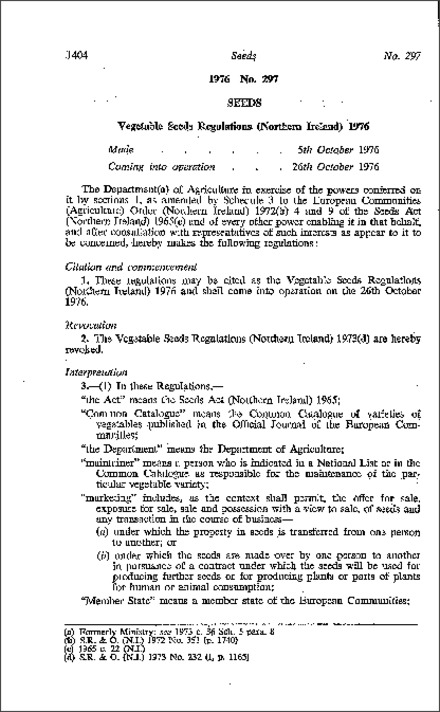 The Vegetable Seeds Regulations (Northern Ireland) 1976