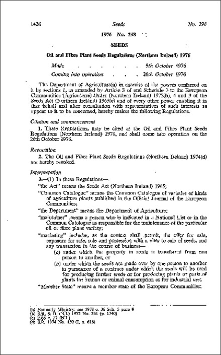 The Oil and Fibre Plant Seeds Regulations (Northern Ireland) 1976