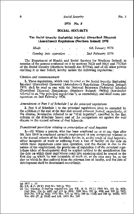 The Social Security (Industrial Injuries) (Prescribed Diseases) (Amendment) Regulations (Northern Ireland) 1976