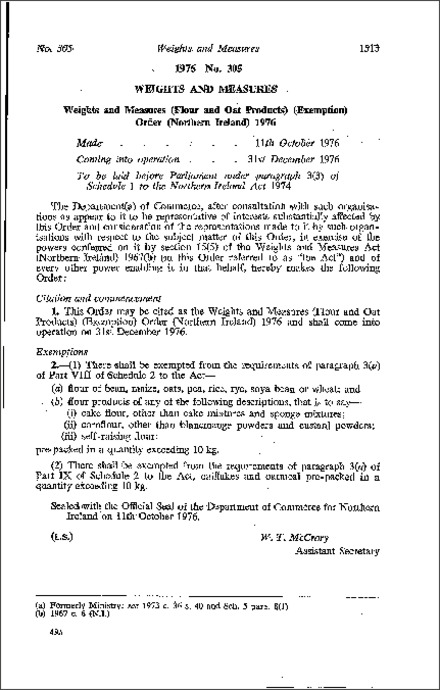 The Weights and Measures (Flour and Oat Products) (Exemption) Order (Northern Ireland) 1976