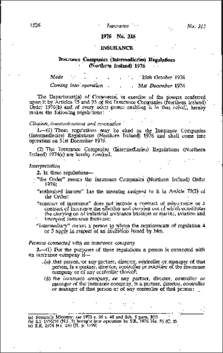 The Insurance Companies (Intermediaries) Regulations (Northern Ireland) 1976
