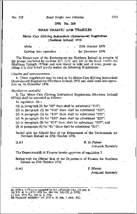 The Motor Cars (Driving Instruction) (Amendment) Regulations (Northern Ireland) 1976