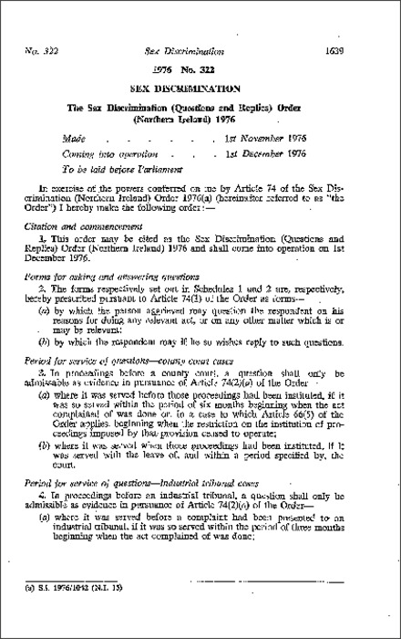 The Sex Discrimination Questions and Replies Order (Northern Ireland) 1976