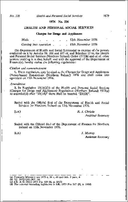 The Charges for Drugs and Appliances (Amendment) Regulations (Northern Ireland) 1976