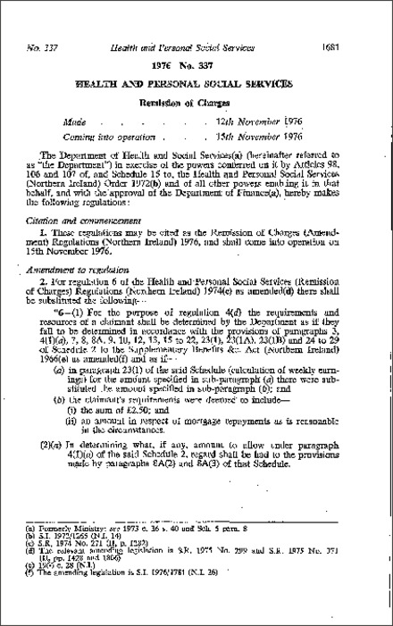 The Remission of Charges (Amendment) Regulations (Northern Ireland) 1976