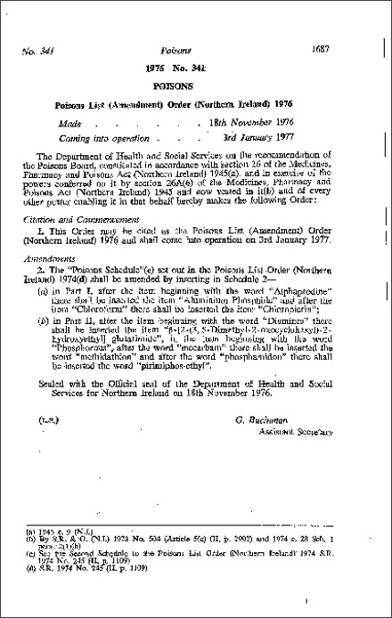 The Poisons List (Amendment) Order (Northern Ireland) 1976