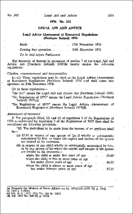 The Legal Advice (Assessment of Resources) Regulations (Northern Ireland) 1976