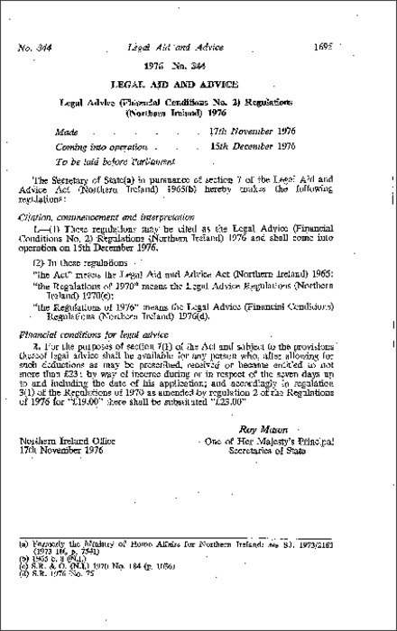 The Legal Advice (Financial Conditions No. 2) Regulations (Northern Ireland) 1976