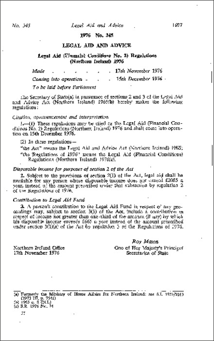 The Legal Aid (Financial Conditions No. 2) Regulations (Northern Ireland) 1976