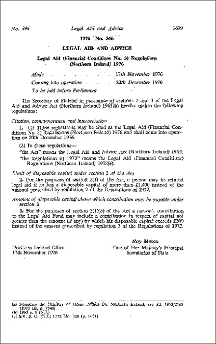 The Legal Aid (Financial Conditions No. 3) Regulations (Northern Ireland) 1976