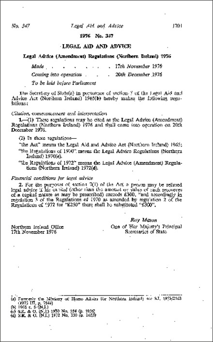 The Legal Advice (Amendment) Regulations (Northern Ireland) 1976