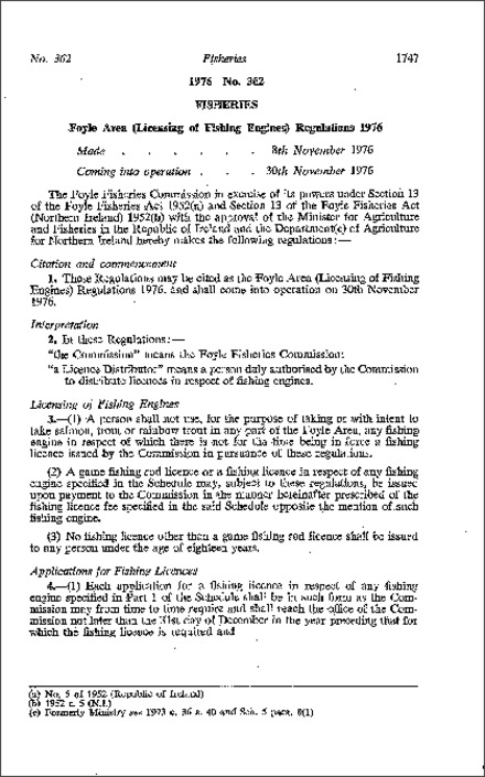 The Foyle Area (Licensing of Fishing Engines) Regulations (Northern Ireland) 1976