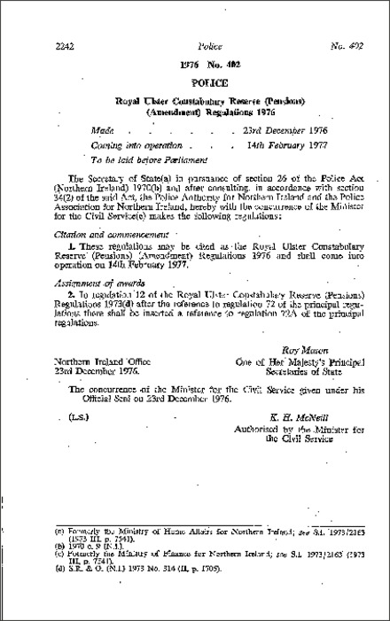 The Royal Ulster Constabulary Reserve (Pensions) (Amendment) Regulations (Northern Ireland) 1976