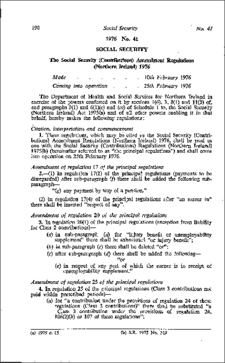 The Social Security (Contributions) Amendment Regulations (Northern Ireland) 1976