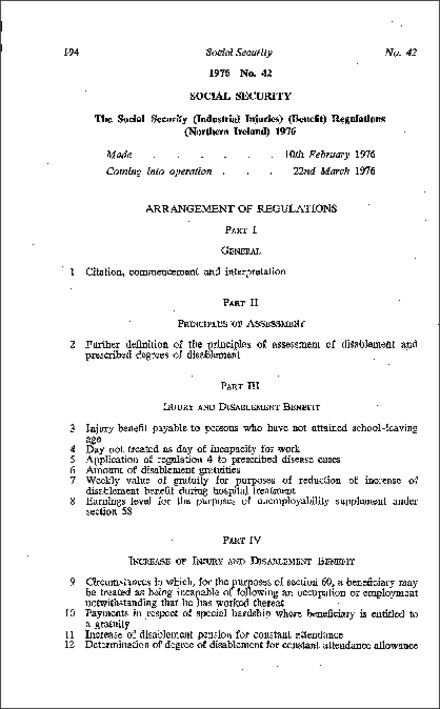 The Social Security (Industrial Injuries) (Benefit) Regulations (Northern Ireland) 1976