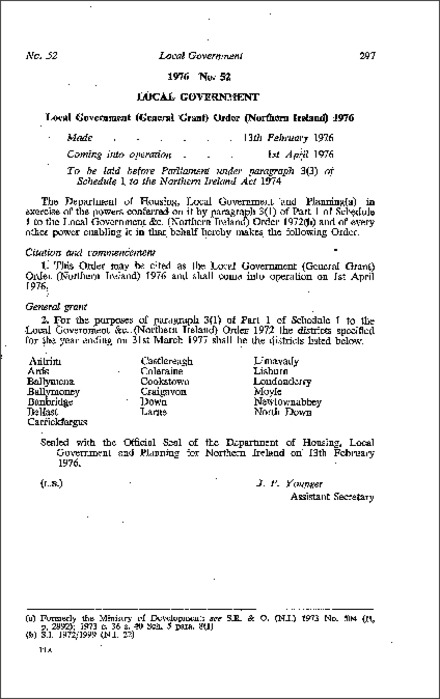 The Local Government (General Grant) Order (Northern Ireland) 1976