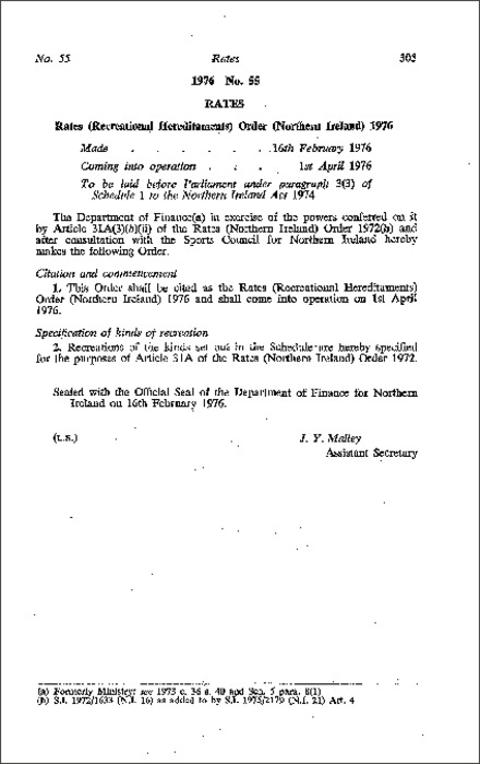 The Rates (Recreational Hereditaments) Order (Northern Ireland) 1976