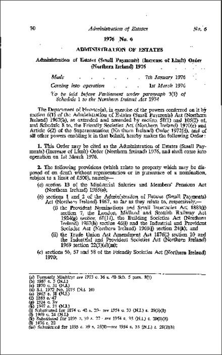 The Administration of Estates (Small Payments) (Increase of Limit) Order (Northern Ireland) 1976