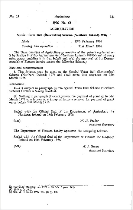 The Special Term Bull (Revocation) Scheme (Northern Ireland) 1976