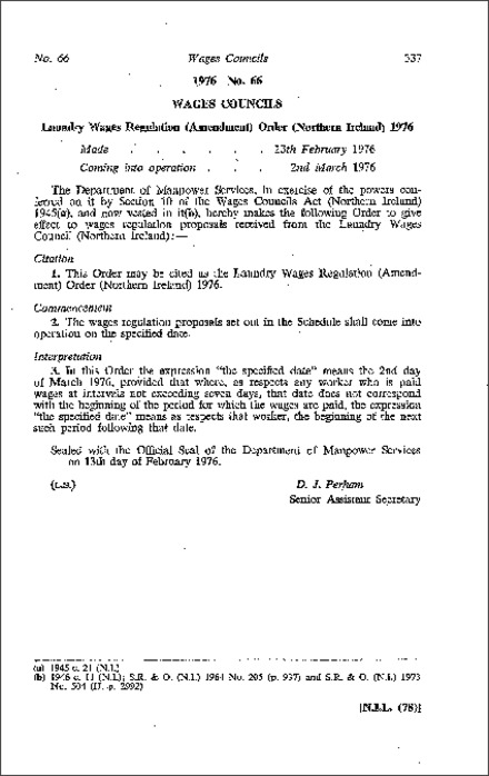 The Laundry Wages Regulation (Amendment) Order (Northern Ireland) 1976