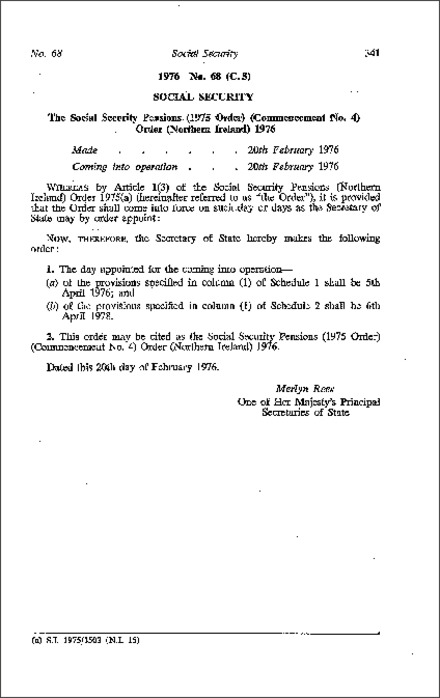 The Social Security Pensions (1975 Order) (Commencement No. 4) Order (Northern Ireland) 1976