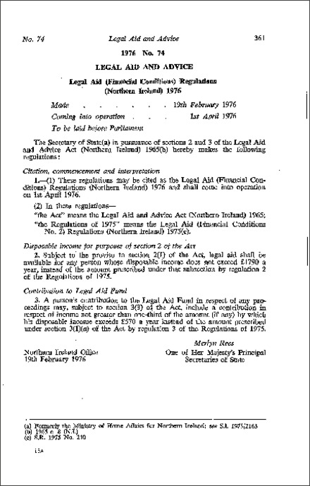 The Legal Aid (Financial Conditions) Regulations (Northern Ireland) 1976