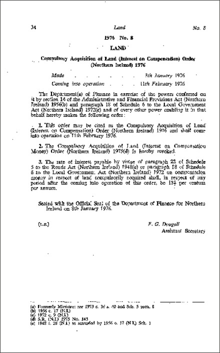 The Compulsory Acquisition of Land (Interest on Compensation) Order (Northern Ireland) 1976