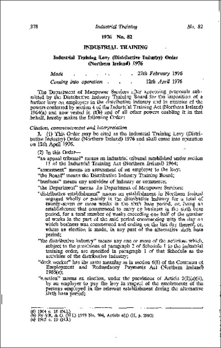 The Industrial Training Levy (Distributive Industry) Order (Northern Ireland) 1976