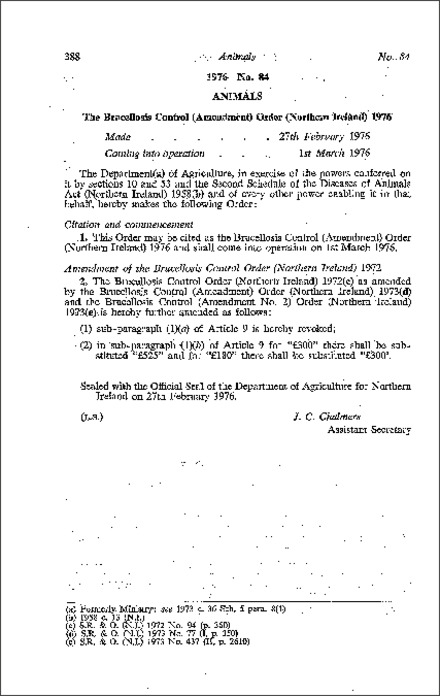 The Brucellosis Control (Amendment) Order (Northern Ireland) 1976
