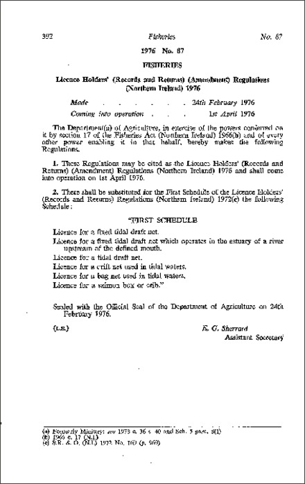 The Licence Holders' (Records and Returns) (Amendment) Regulations (Northern Ireland) 1976