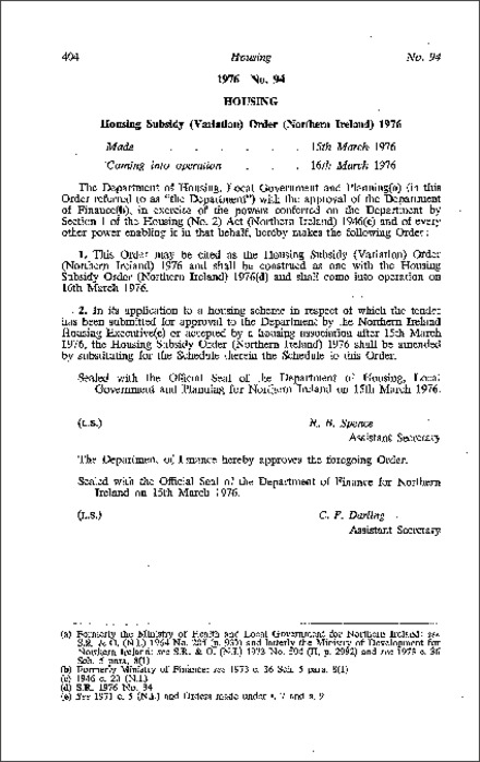 The Housing Subsidy (Variation) Order (Northern Ireland) 1976