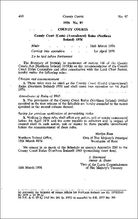 The County Court (Costs) (Amendment) Rules (Northern Ireland) 1976
