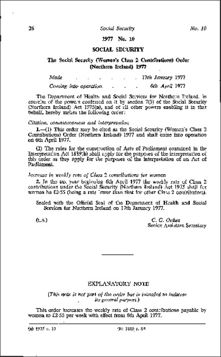 The Social Security (Women's Class 2 Contributions) Order (Northern Ireland) 1977