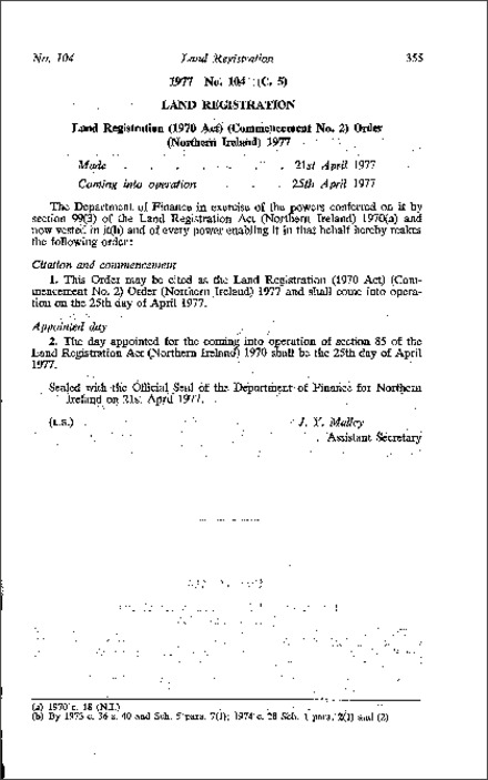The Land Registration (1970 Act) (Commencement No. 2) Order (Northern Ireland) 1977