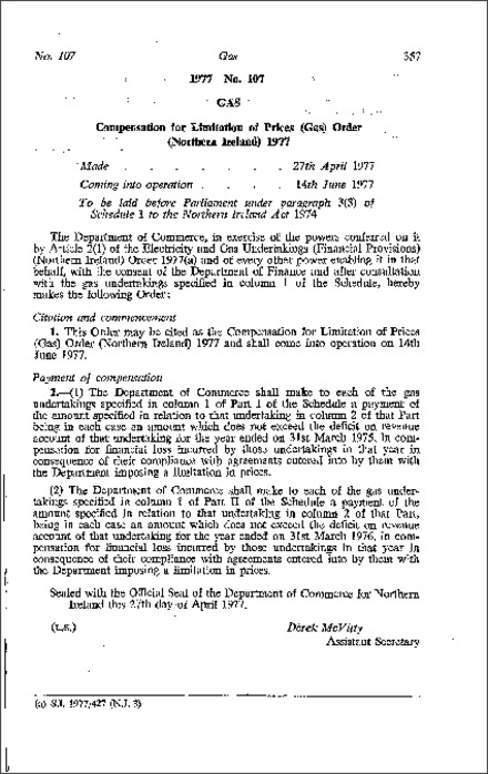 The Compensation for Limitation of Prices (Gas) Order (Northern Ireland) 1977