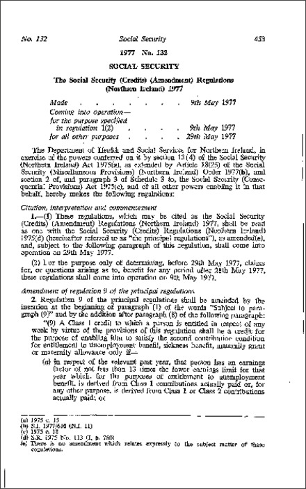 The Social Security (Credits) (Amendment) Regulations (Northern Ireland) 1977