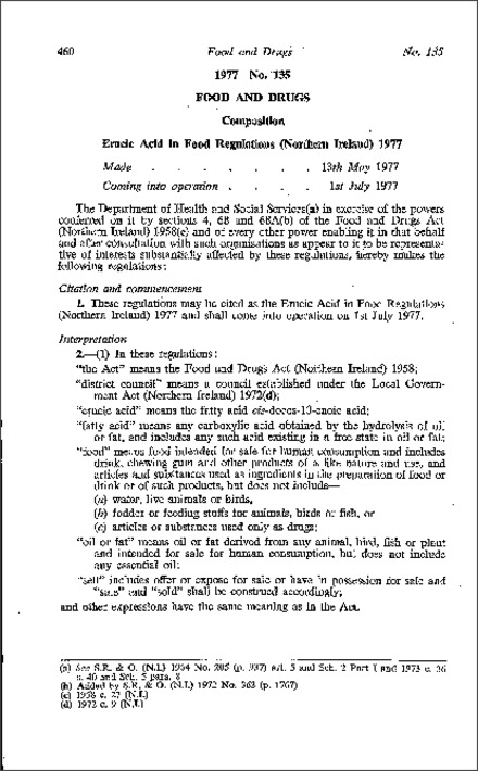 The Erucic Acid in Food Regulations (Northern Ireland) 1977