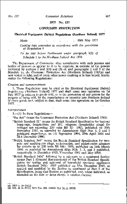 The Electrical Equipment (Safety) Regulations (Northern Ireland) 1977