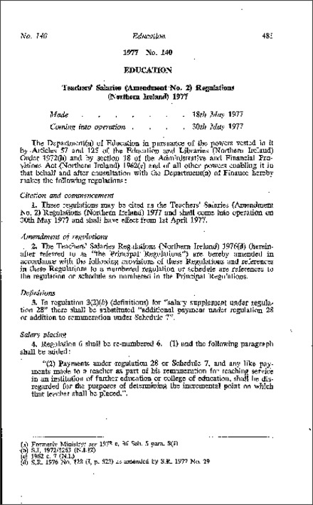 The Teachers' Salaries (Amendment No. 2) Regulations (Northern Ireland) 1977