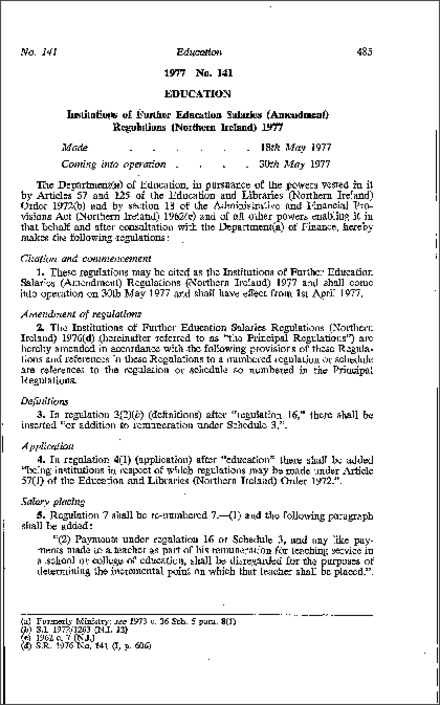 The Institutions of Further Education Salaries (Amendment) Regulations (Northern Ireland) 1977