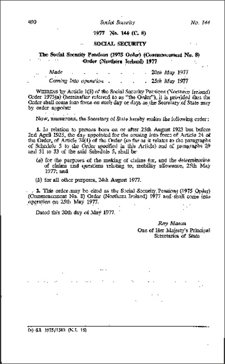 The Social Security Pensions (1975 Order) (Commencement No. 8) Order (Northern Ireland) 1977