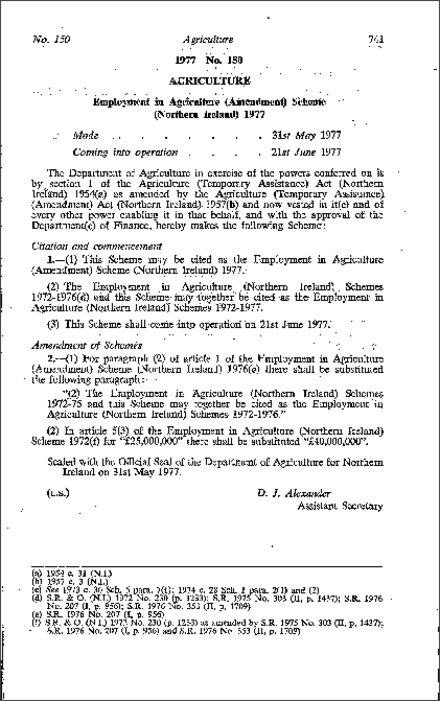 The Employment in Agriculture (Amendment) Scheme (Northern Ireland) 1977