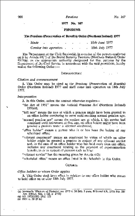 The Pensions (Preservation of Benefits) Order (Northern Ireland) 1977