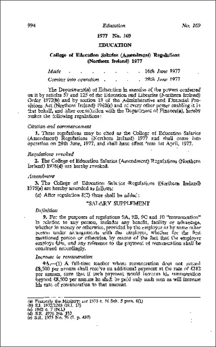 The College of Education Salaries (Amendment) Regulations (Northern Ireland) 1977