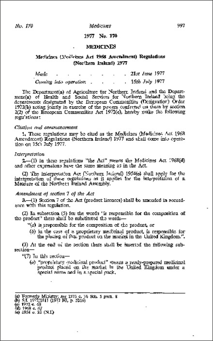 The Medicine (Medicines Act 1968 Amendment) Regulations (Northern Ireland) 1977