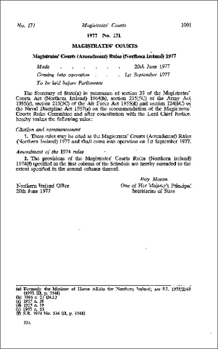 The Magistrates' Courts (Amendment) Rules (Northern Ireland) 1977